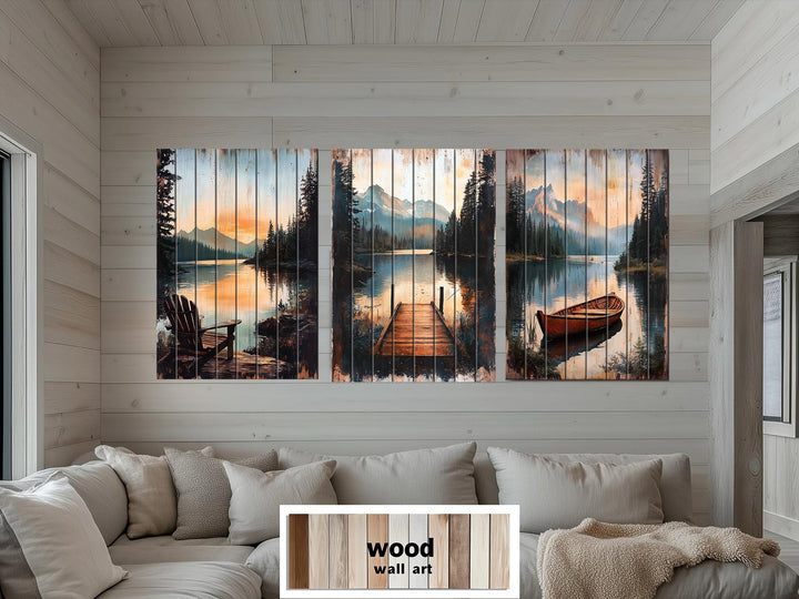 Lake House Distressed Wood Wall Art Set of 3 – Adirondack Chair, Fishing Dock, and Canoe on Mountain Lake