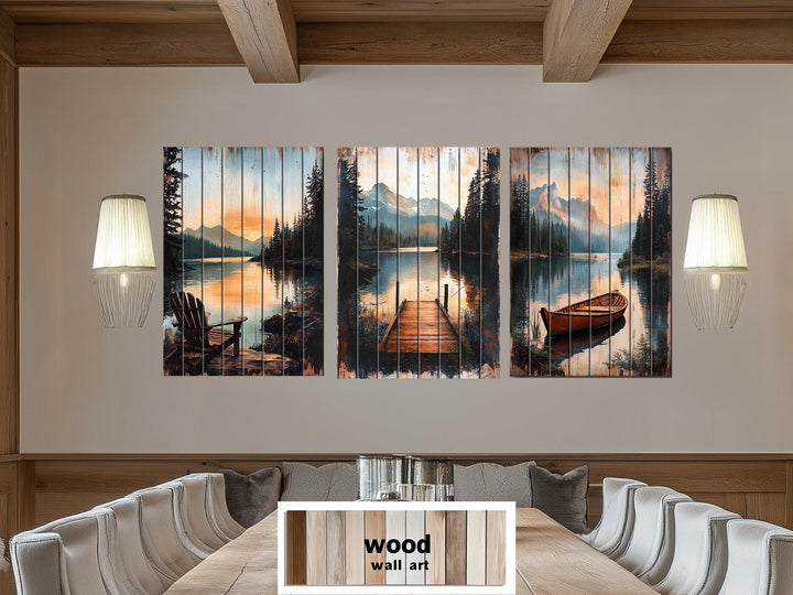 Lake House Distressed Wood Wall Art Set of 3 – Adirondack Chair, Fishing Dock, and Canoe on Mountain Lake