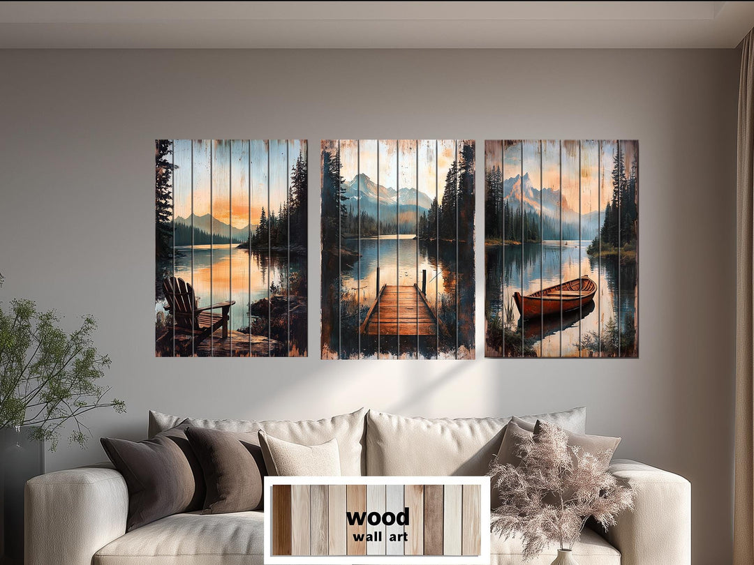 Lake House Distressed Wood Wall Art Set of 3 – Adirondack Chair, Fishing Dock, and Canoe on Mountain Lake