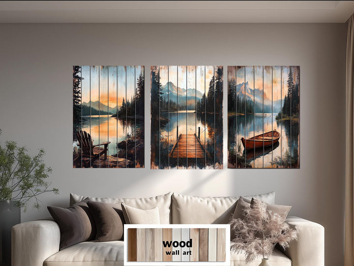 Lake House Distressed Wood Wall Art Set of 3 – Adirondack Chair, Fishing Dock, and Canoe on Mountain Lake
