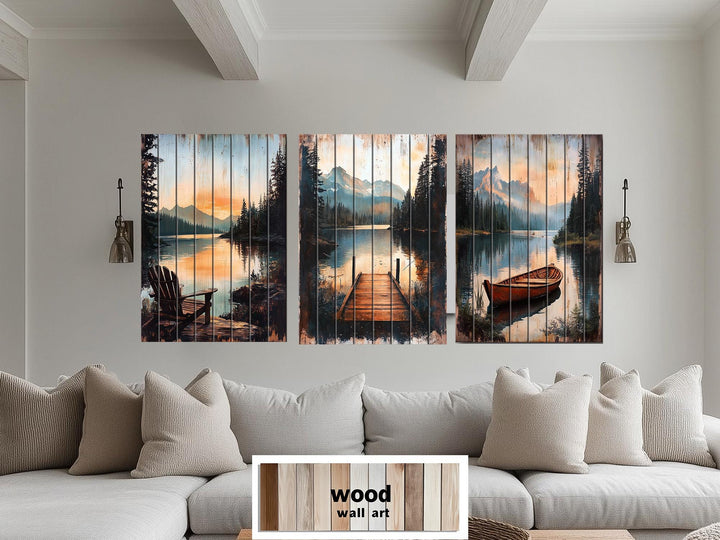 Lake House Distressed Wood Wall Art Set of 3 – Adirondack Chair, Fishing Dock, and Canoe on Mountain Lake