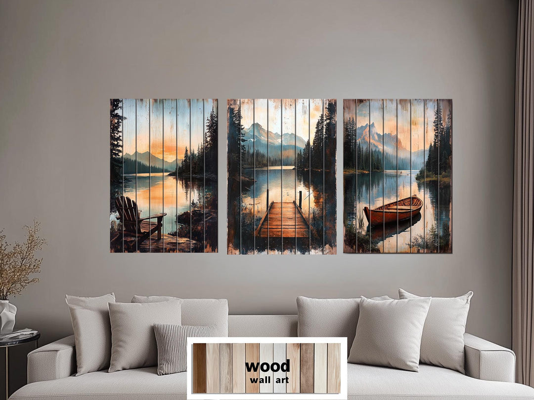 Lake House Distressed Wood Wall Art Set of 3 – Adirondack Chair, Fishing Dock, and Canoe on Mountain Lake