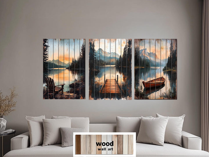 Lake House Distressed Wood Wall Art Set of 3 – Adirondack Chair, Fishing Dock, and Canoe on Mountain Lake