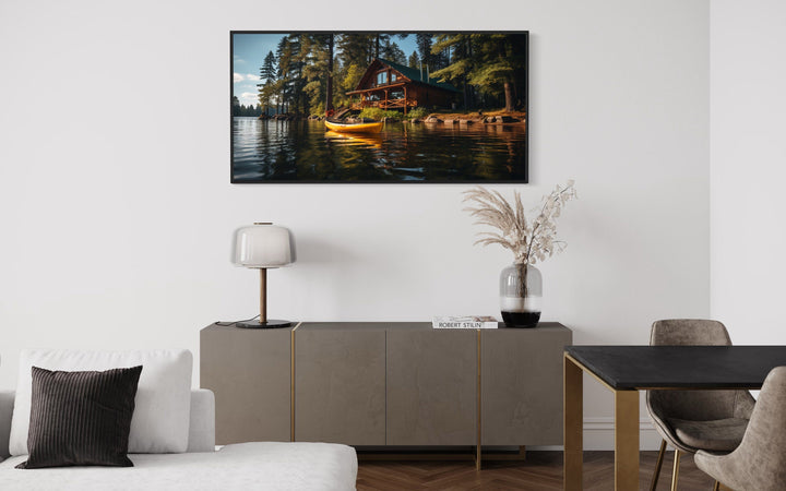 Lake House In The Woods With Yellow Canoe Framed Canvas Wall Art