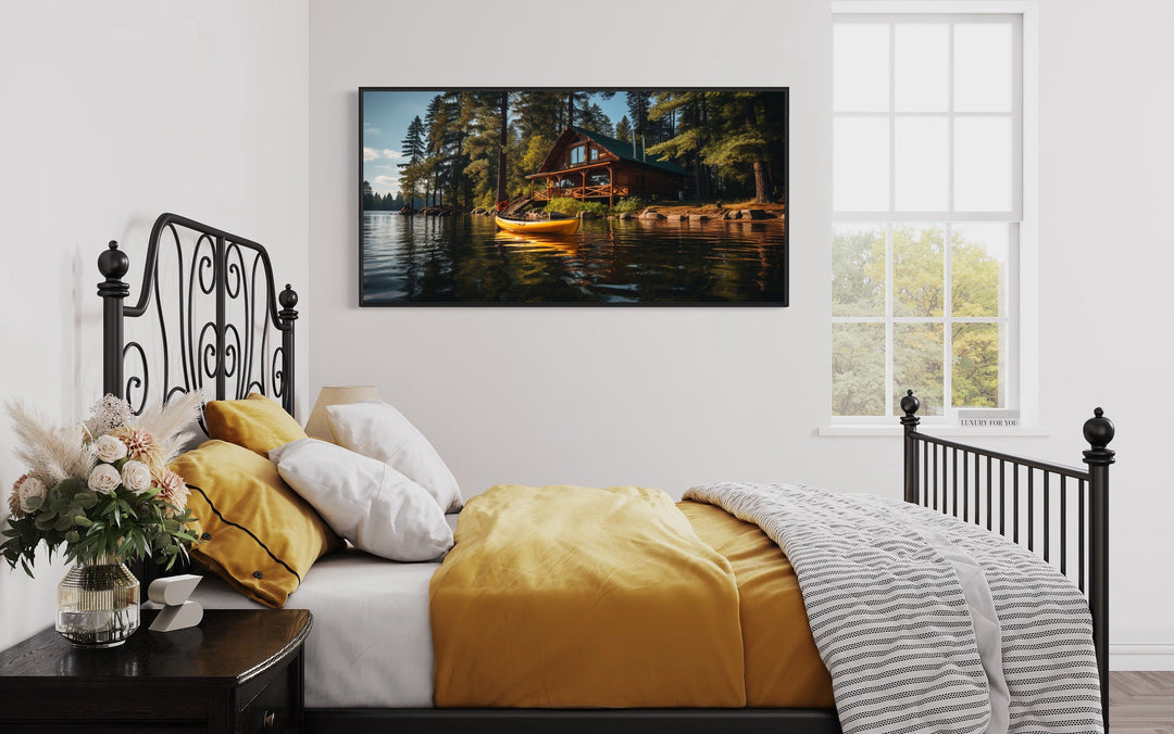 Lake House In The Woods With Yellow Canoe Framed Canvas Wall Art