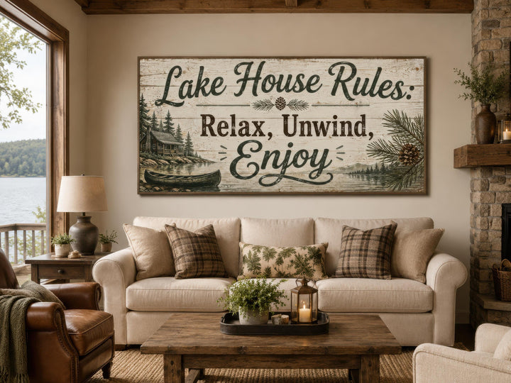 Rustic Lake House Rules wall art above a beige sofa in a cozy cabin living room.