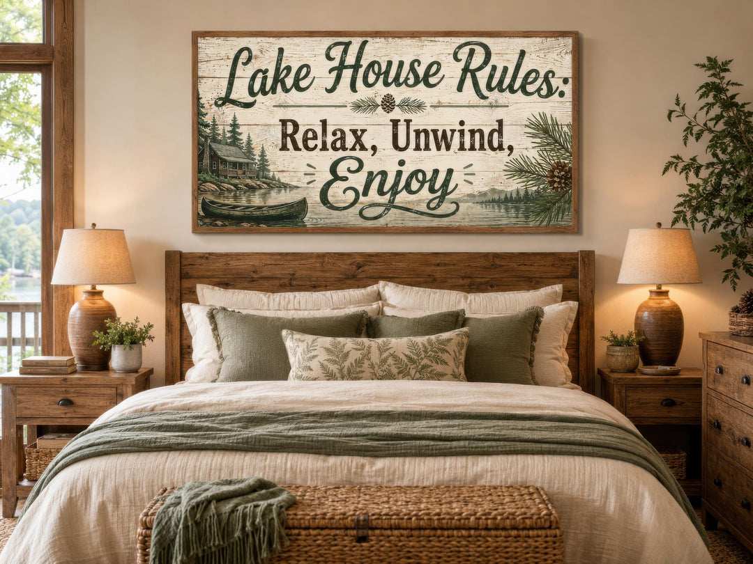 Rustic Lake House Rules wall art above a bed in a cozy cabin-style bedroom with green accents.