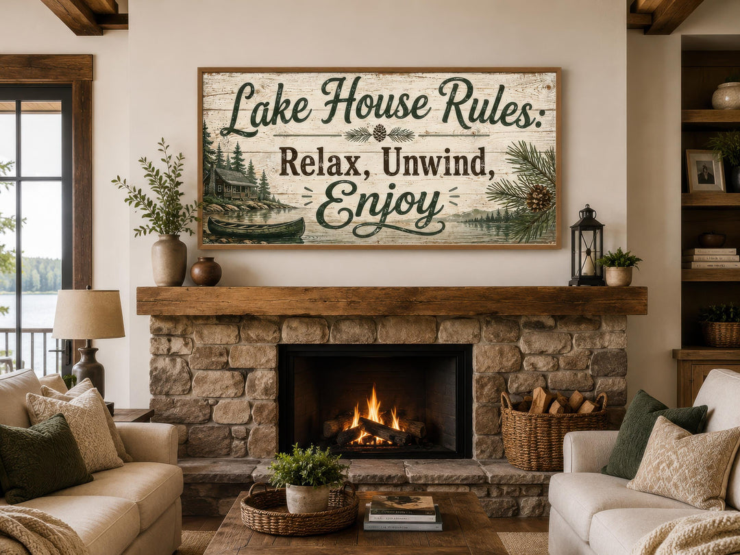Rustic Lake House Rules canvas wall art hanging above a stone fireplace in a cozy cabin living room.
