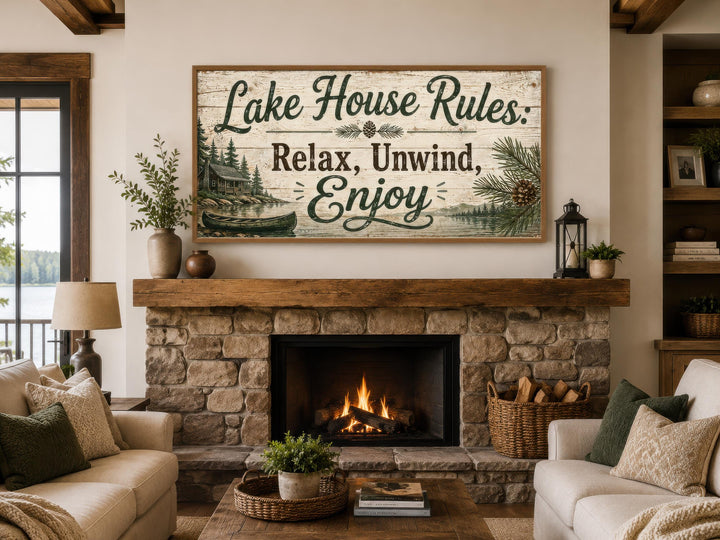 Rustic Lake House Rules canvas wall art hanging above a stone fireplace in a cozy cabin living room.