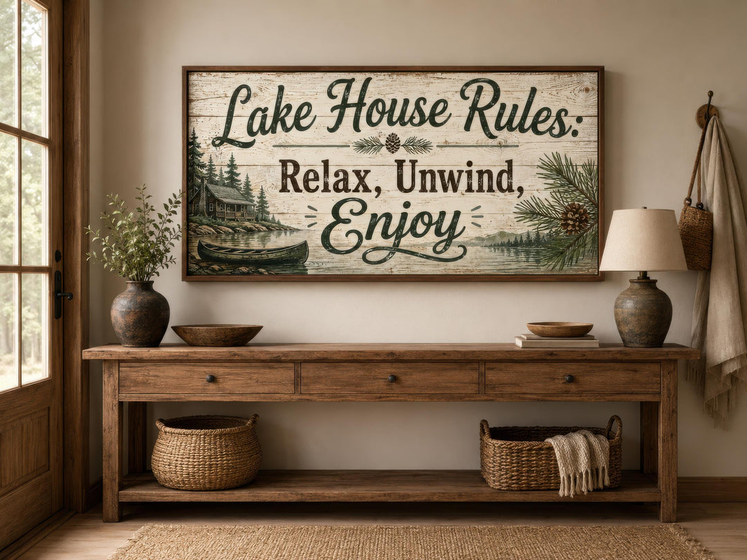 Rustic Lake House Rules wall art above a wooden console table in a cozy cabin entryway.