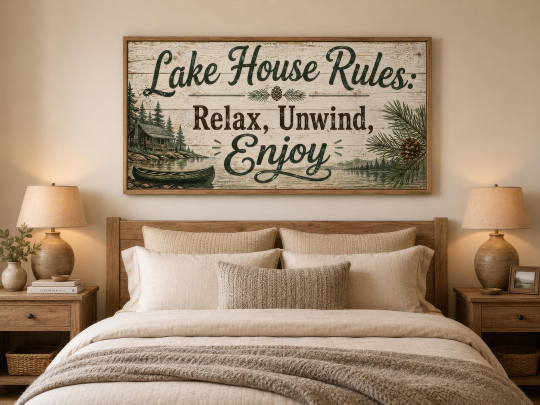 Rustic Lake House Rules wall art above a bed, featuring pine trees, a cabin, and a canoe.
