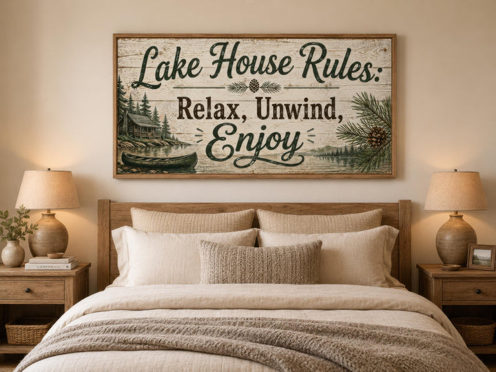 Rustic Lake House Rules wall art above a bed, featuring pine trees, a cabin, and a canoe.