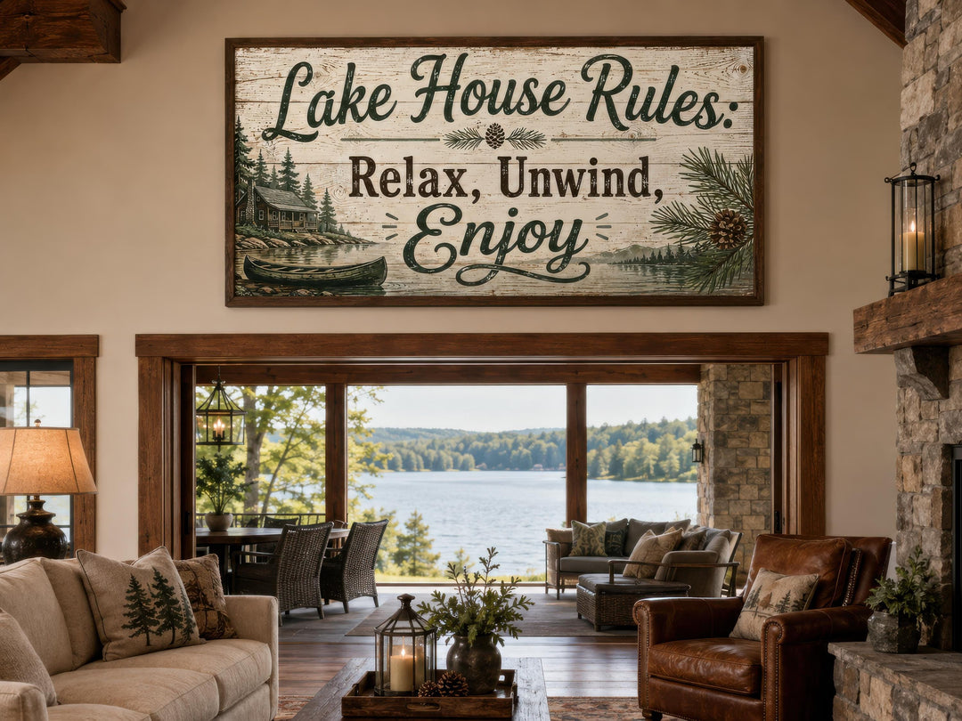 Rustic Lake House Rules canvas wall art featuring pine trees and a canoe in a cozy cabin living room.