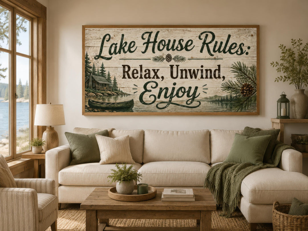 Rustic Lake House Rules wall art above a cream sofa in a cozy, wood-accented living room.
