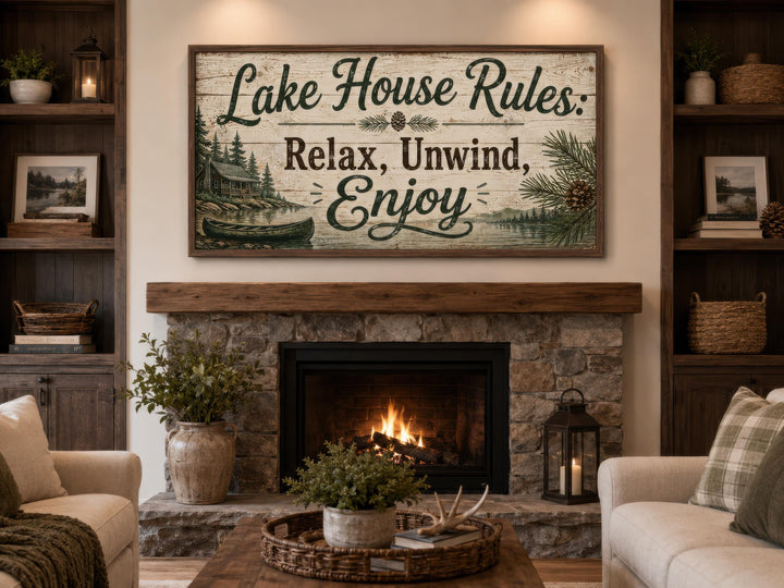 Rustic Lake House Rules canvas wall art above a stone fireplace in a cozy cabin living room.
