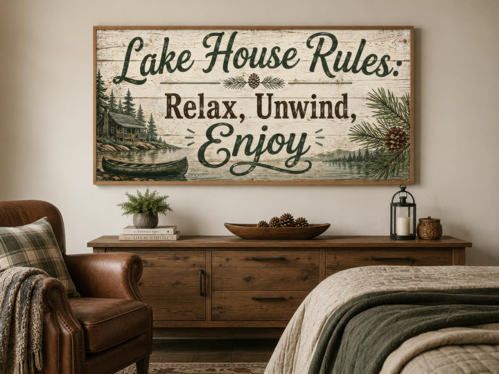 Rustic Lake House Rules wall art above a wooden sideboard in a cozy, cabin-style room.
