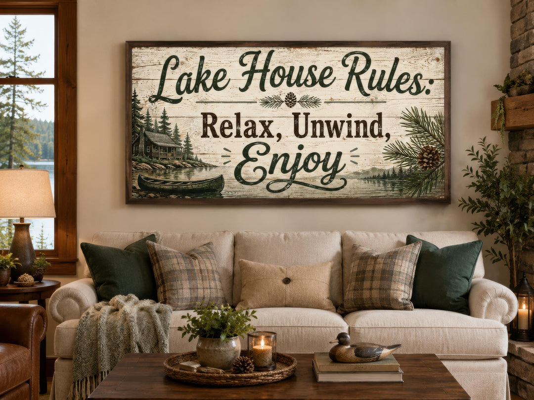 Rustic Lake House Rules canvas wall art featuring a cabin, canoe, and pine trees above a cozy sofa.