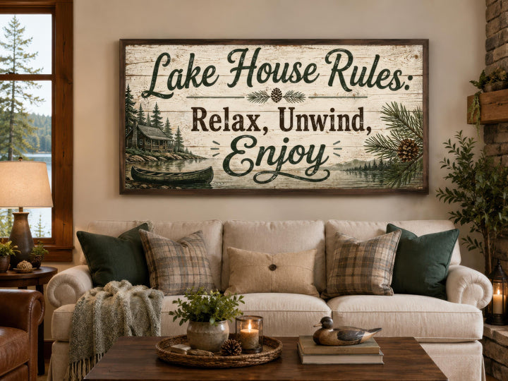 Rustic Lake House Rules canvas wall art featuring a cabin, canoe, and pine trees above a cozy sofa.