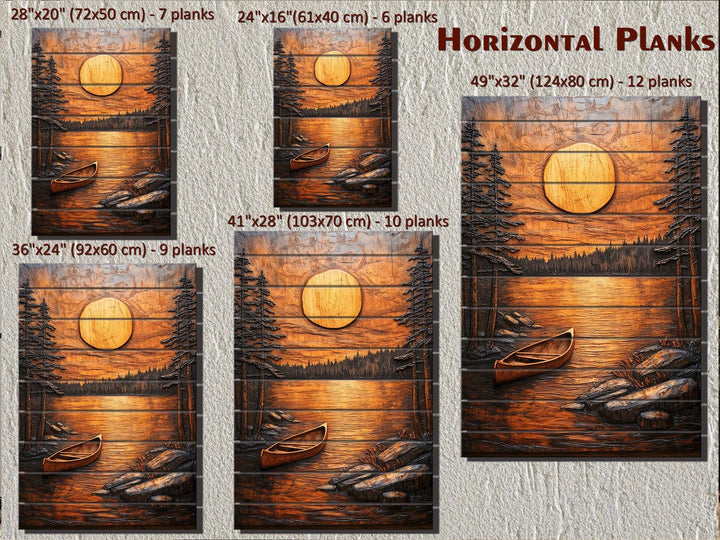 Rustic wood wall art set featuring a canoe on a lake at sunset across five horizontal plank sizes.