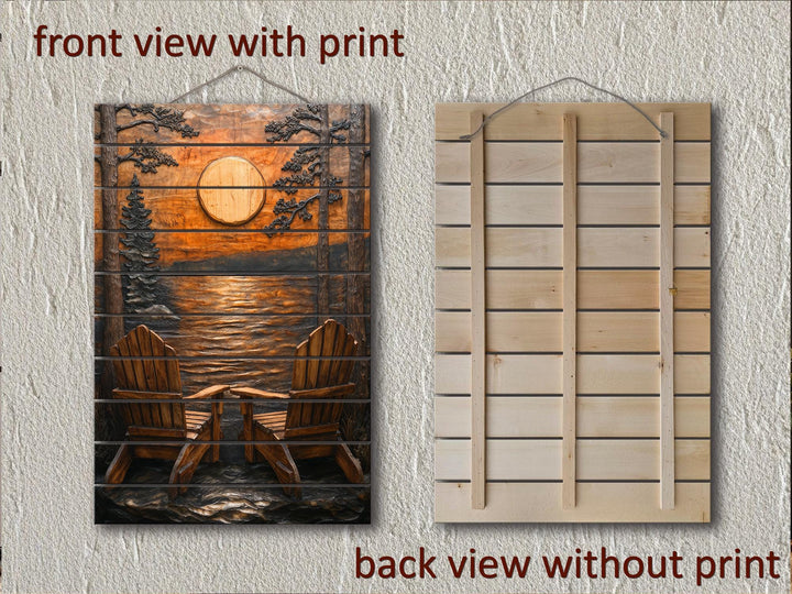 Front and back views of a rustic wood wall art piece featuring Adirondack chairs at sunset.