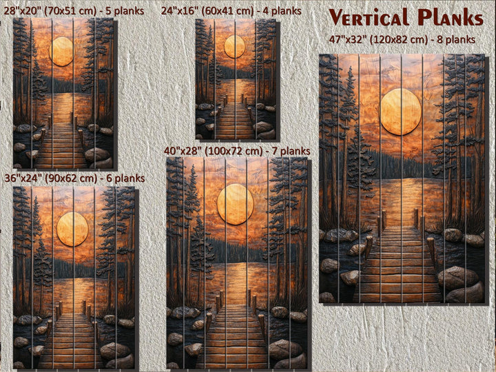 Rustic wood wall art set featuring a sunset lake scene with a dock, available in five sizes.