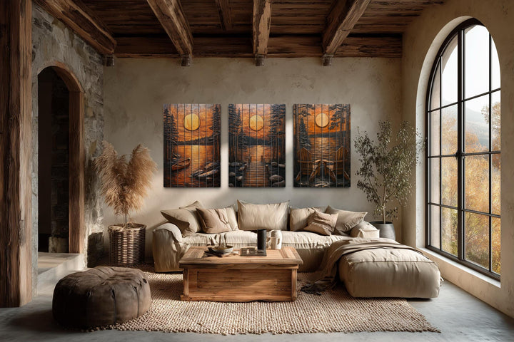Set of 3 rustic wood wall art panels featuring a lake sunset with a dock, canoe, and chairs.