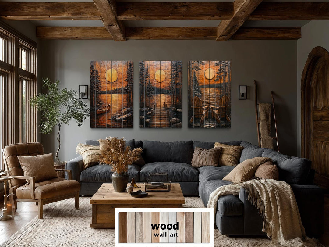 Set of three rustic wood wall art panels featuring a fishing dock, canoe, and chairs at sunset.