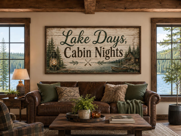 Rustic Lake Days, Cabin Nights canvas wall art with floating frame above a brown leather sofa.