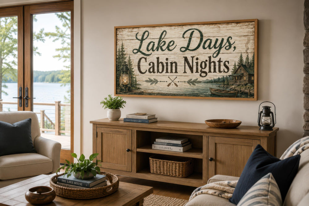Rustic Lake Days Cabin Nights canvas wall art with floating frame above a wooden console table.