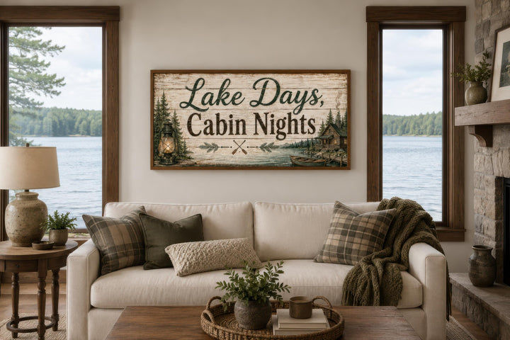 Lake Days, Cabin Nights rustic canvas wall art with floating frame above a sofa in a cabin.