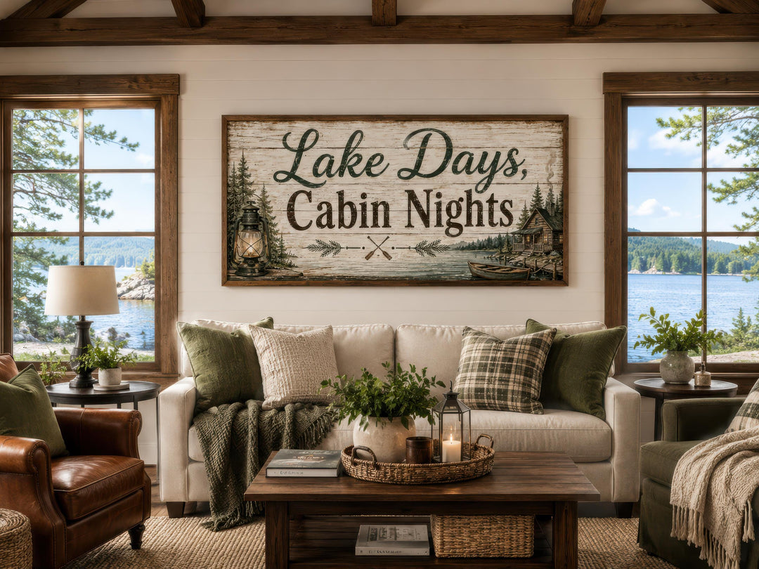 Rustic Lake Days, Cabin Nights canvas wall art with floating frame above a sofa in a cabin setting.