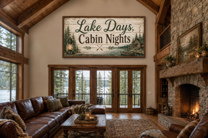Rustic Lake Days, Cabin Nights canvas wall art with floating frame above a window in a cabin.