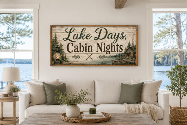 Rustic Lake Days Cabin Nights canvas wall art in a floating frame above a white sofa.