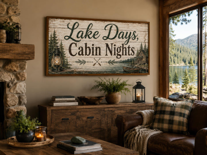 Rustic Lake Days, Cabin Nights canvas wall art with floating frame in a cozy cabin living room.