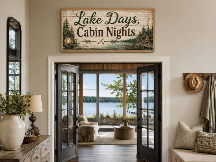 Rustic Lake Days, Cabin Nights canvas wall art with a floating frame above a doorway.