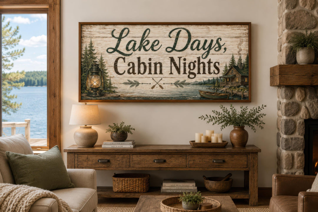 Rustic Lake Days Cabin Nights canvas wall art with floating frame above a wooden console table.