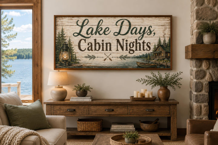 Rustic Lake Days Cabin Nights canvas wall art with floating frame above a wooden console table.