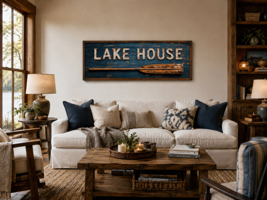 Rustic Lake House Sign with Oar framed canvas wall art hanging above a white sofa in a living room.
