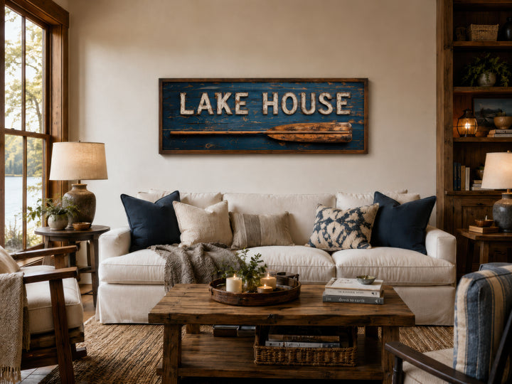 Rustic Lake House Sign with Oar framed canvas wall art hanging above a white sofa in a living room.