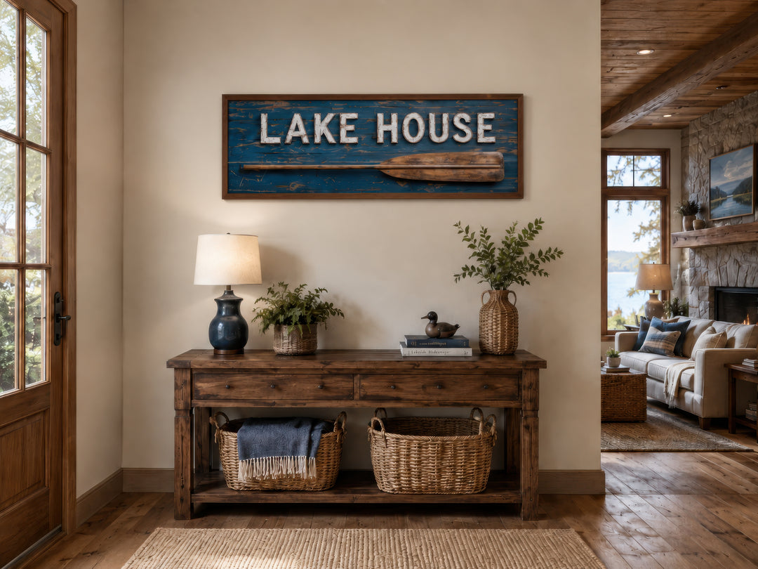Lake House Sign With Oar Long Horizontal Framed Canvas Wall Art above a rustic console table.