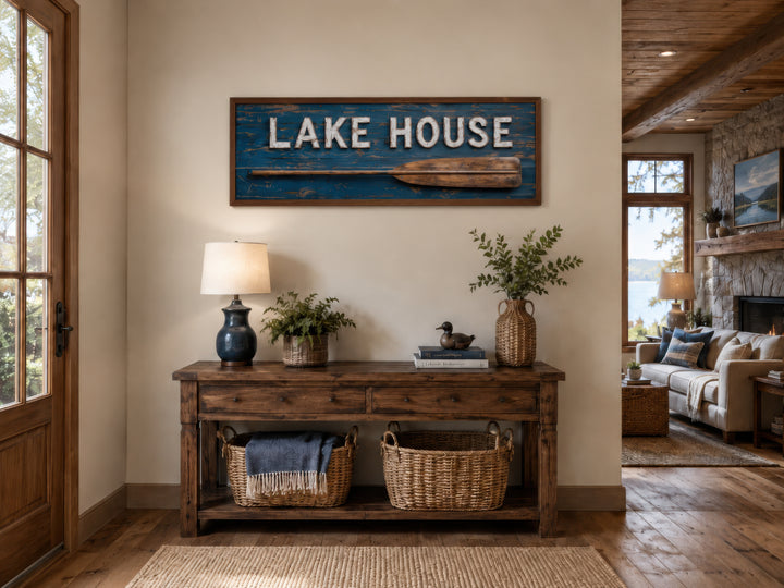 Lake House Sign With Oar Long Horizontal Framed Canvas Wall Art above a rustic console table.