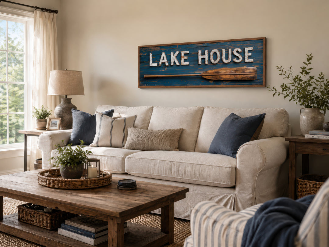 Rustic Lake House Sign framed canvas wall art with a wooden oar above a cream-colored sofa.