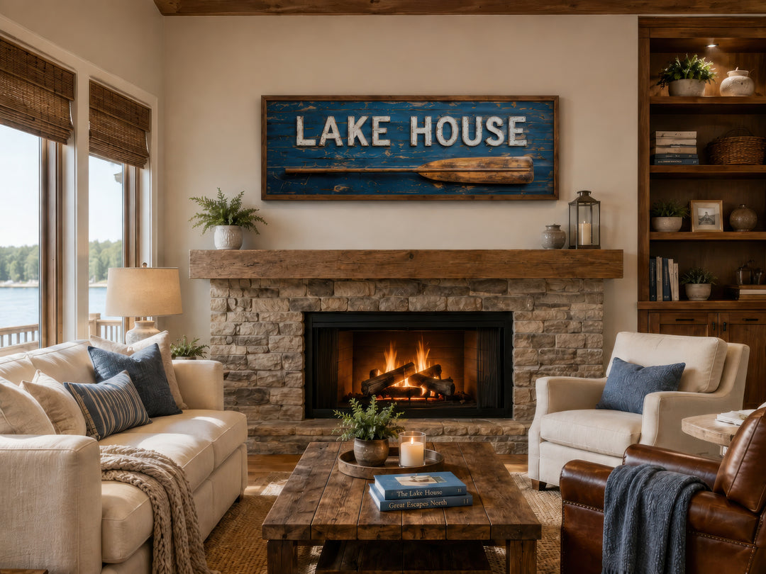 Rustic Lake House sign with a wooden oar on a blue background, framed above a stone fireplace.