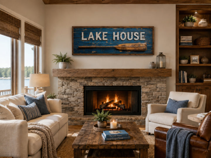 Rustic Lake House sign with a wooden oar on a blue background, framed above a stone fireplace.