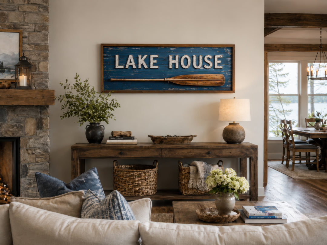 Rustic Lake House sign with a wooden oar on a blue background, framed and hung above a console table.