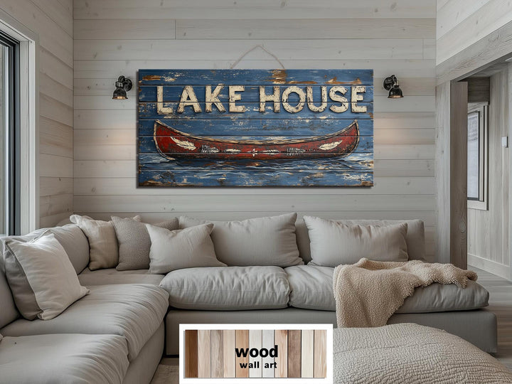 Lake House Sign With Red Canoe Real Wood Wall Art