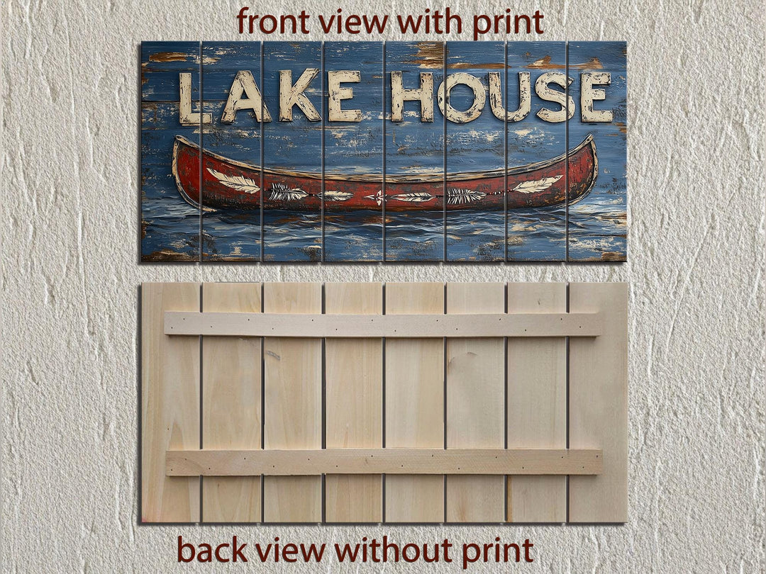 Lake House Sign With Red Canoe Real Wood Wall Art