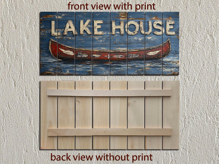 Lake House Sign With Red Canoe Real Wood Wall Art