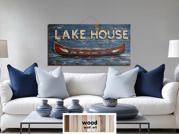 Lake House Sign With Red Canoe Real Wood Wall Art