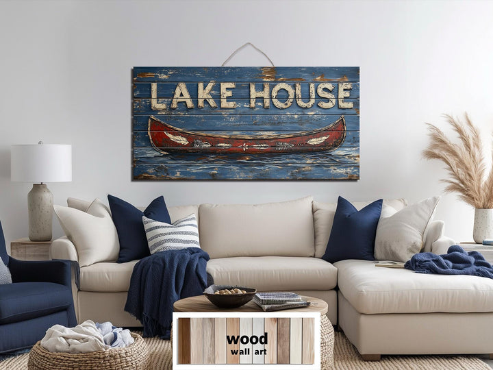Lake House Sign With Red Canoe Real Wood Wall Art